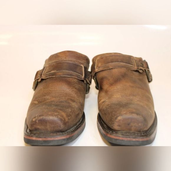 Sale Frye USA Made Womens 8m distressed Leather Belted Harness Western Mules - Picture 10 of 10
